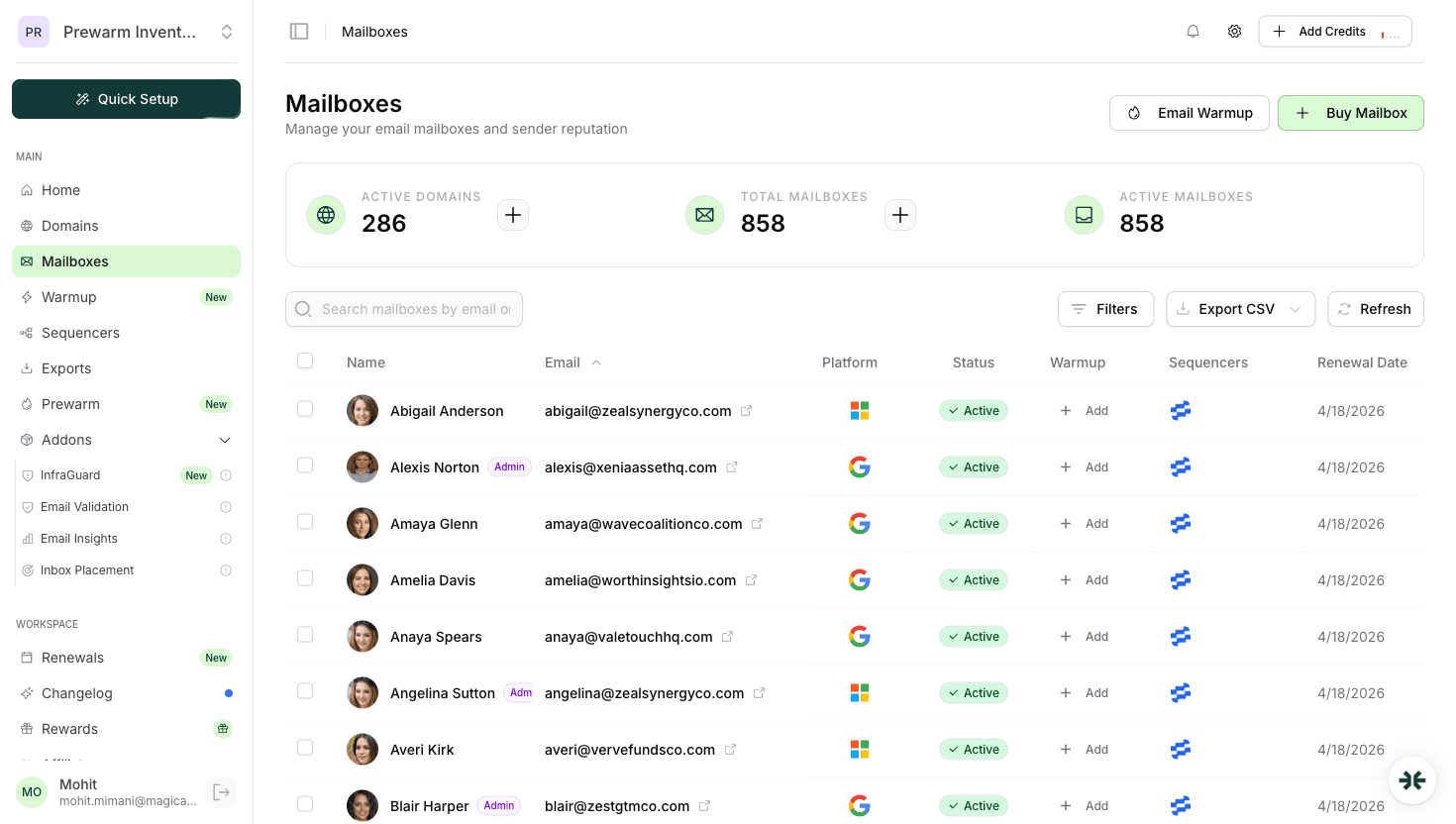 InboxKit mailbox dashboard showing Google Workspace and Microsoft 365 mailboxes on US IPs